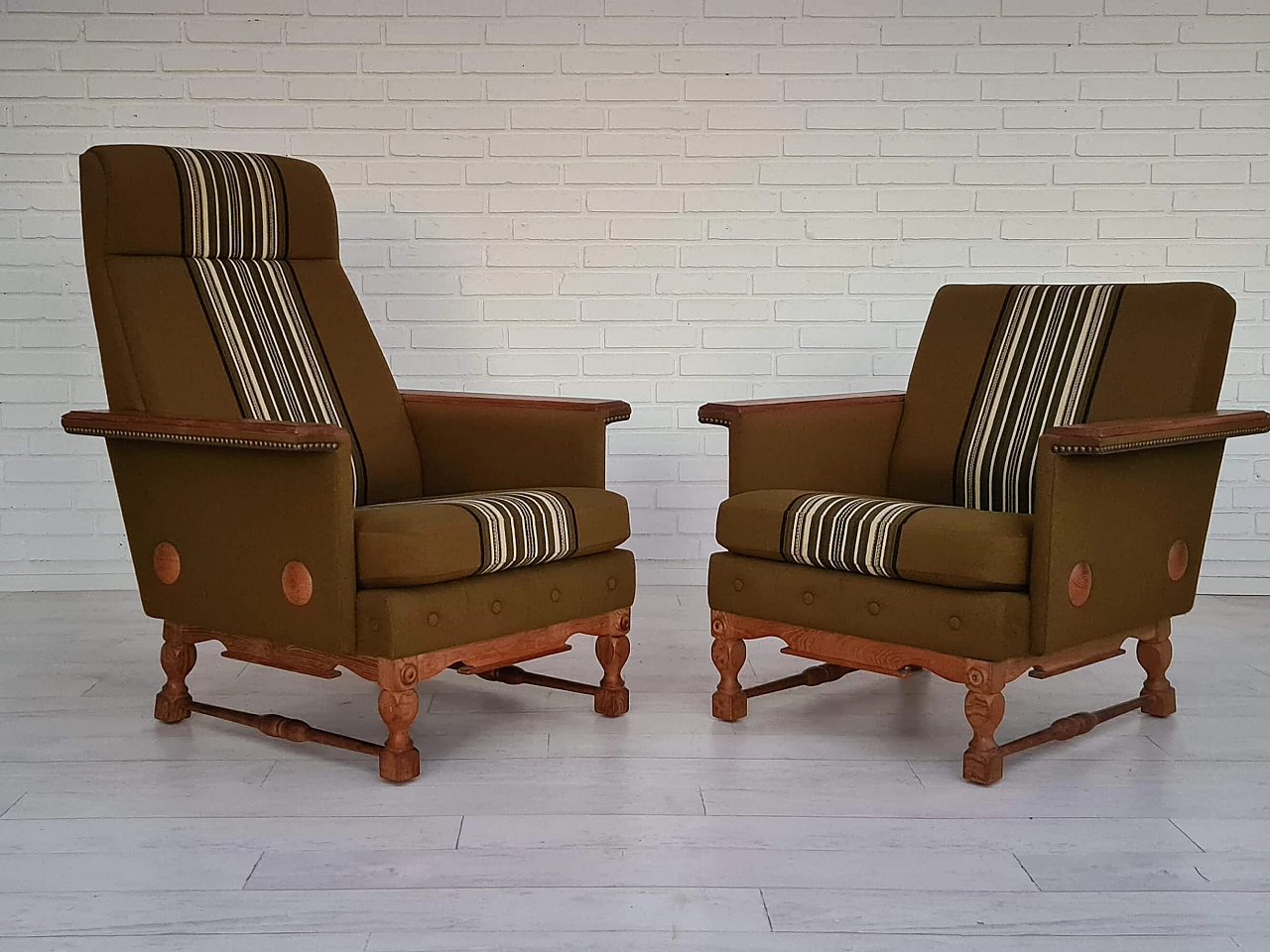 Pair of Danish oak and wool armchairs, 1970s 1363102