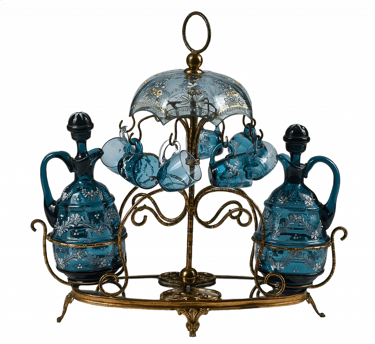 Servizio da rosolio con ampolline e bicchieri in vetro soffiato decorato, metallo, ottone e specchio, anni '60 1363156