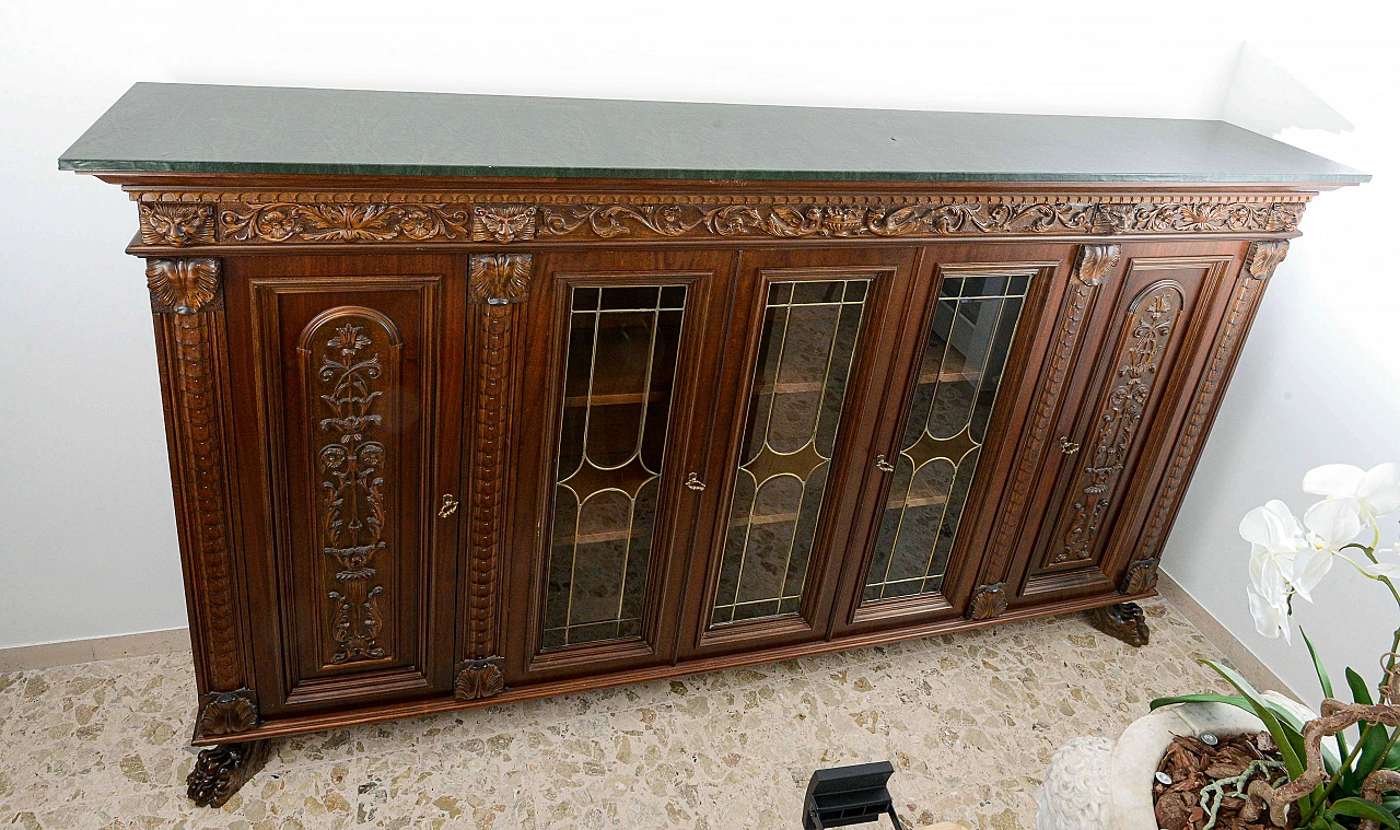 Carved showcase bookcase with lion's paw feet and leatherette top 1364257