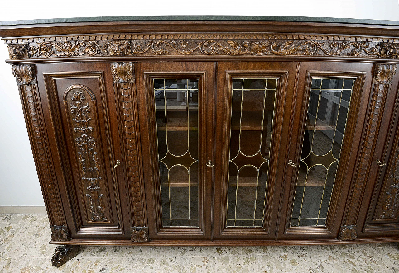 Carved showcase bookcase with lion's paw feet and leatherette top 1364259