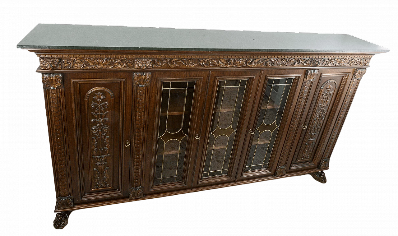 Carved showcase bookcase with lion's paw feet and leatherette top 1364332