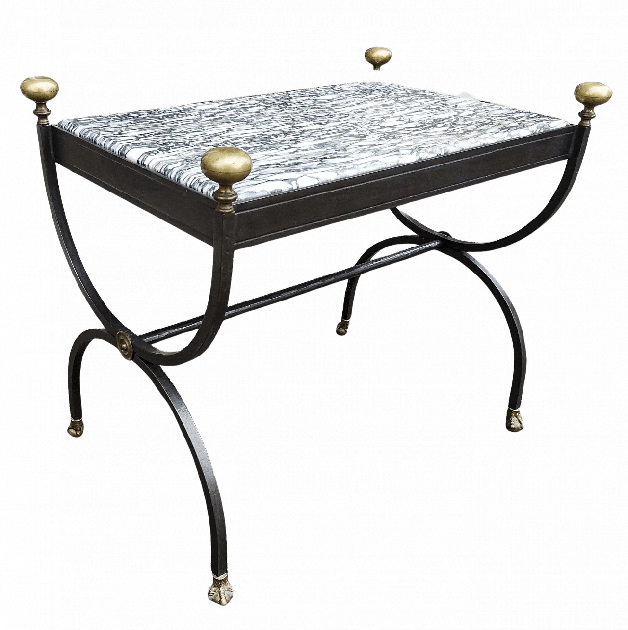 Tavolino in ferro battuto con piedi in ottone e piano in marmo molato, anni '80 1364333