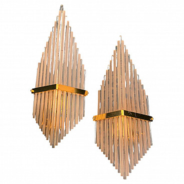Pair of wall sconces in glass and brass by Gaetano Sciolari, 70s