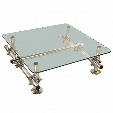 Industrial coffee table in steel with glass top by Ludwig Mies van der Rohe, 60s