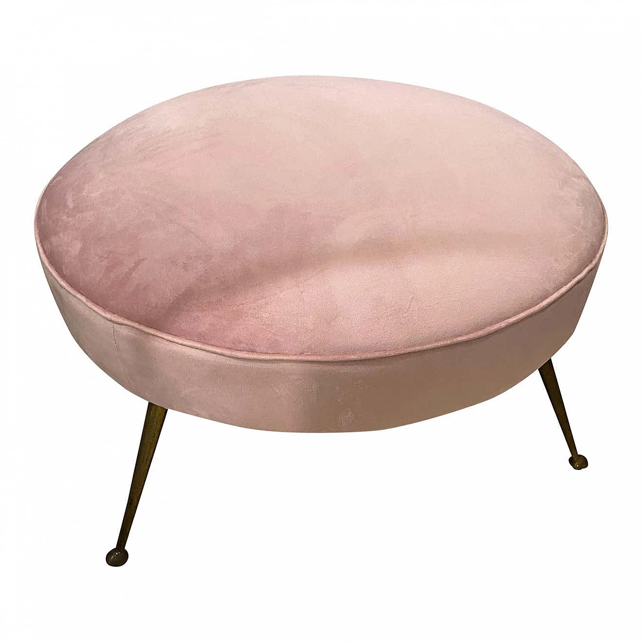 Pouf rotondo in velluto rosa e ottone, anni '50 1364717