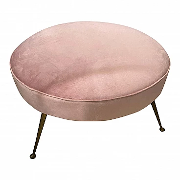 Round pouf in pink velvet and brass, 50s