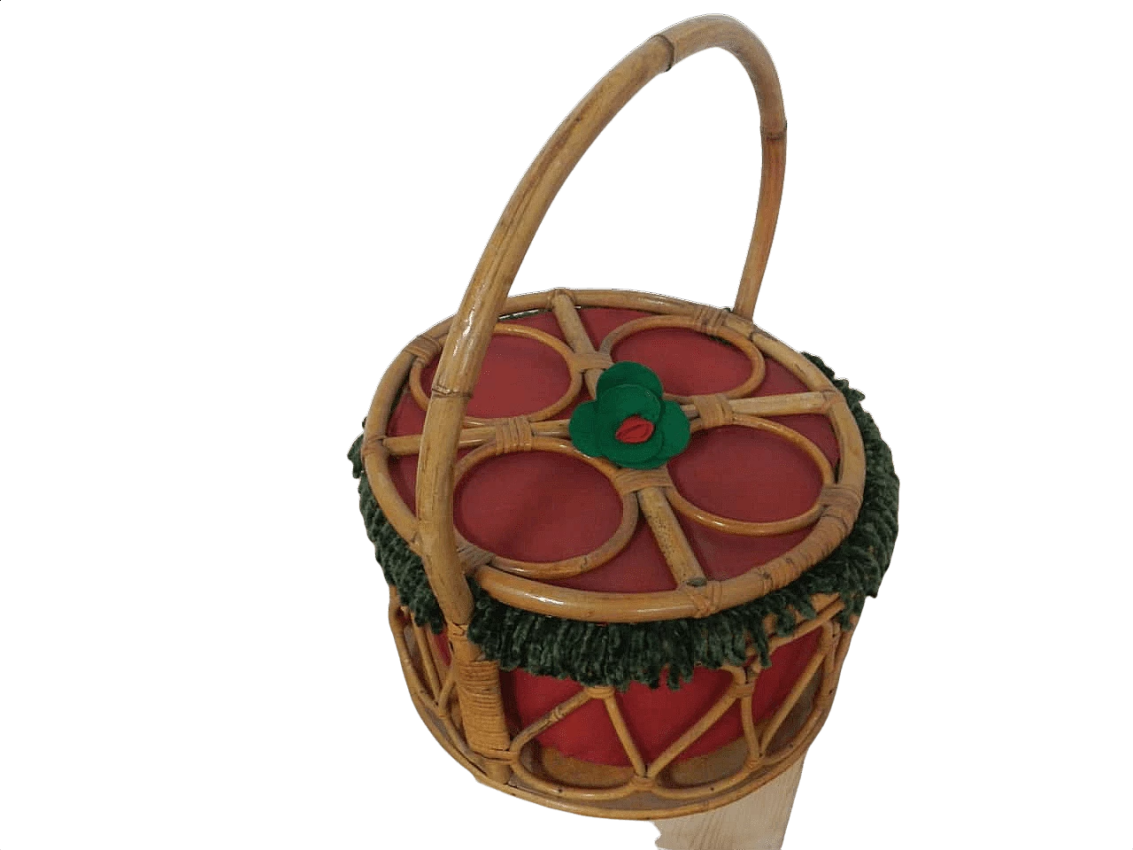 Cesto in vimini con tessuto, anni '70 1365611