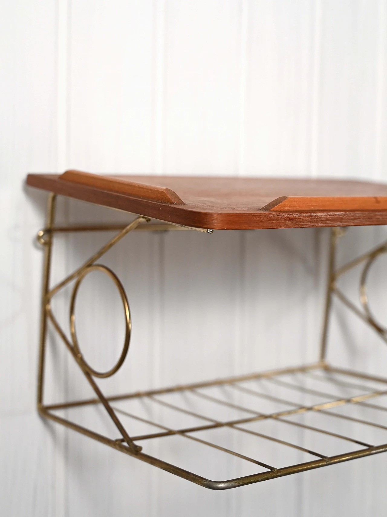 Suspended teak bedside table with gilded metal, 1960s 1365797