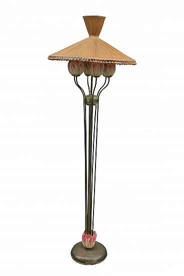 Floor lamp in ceramic and silk, 1950s