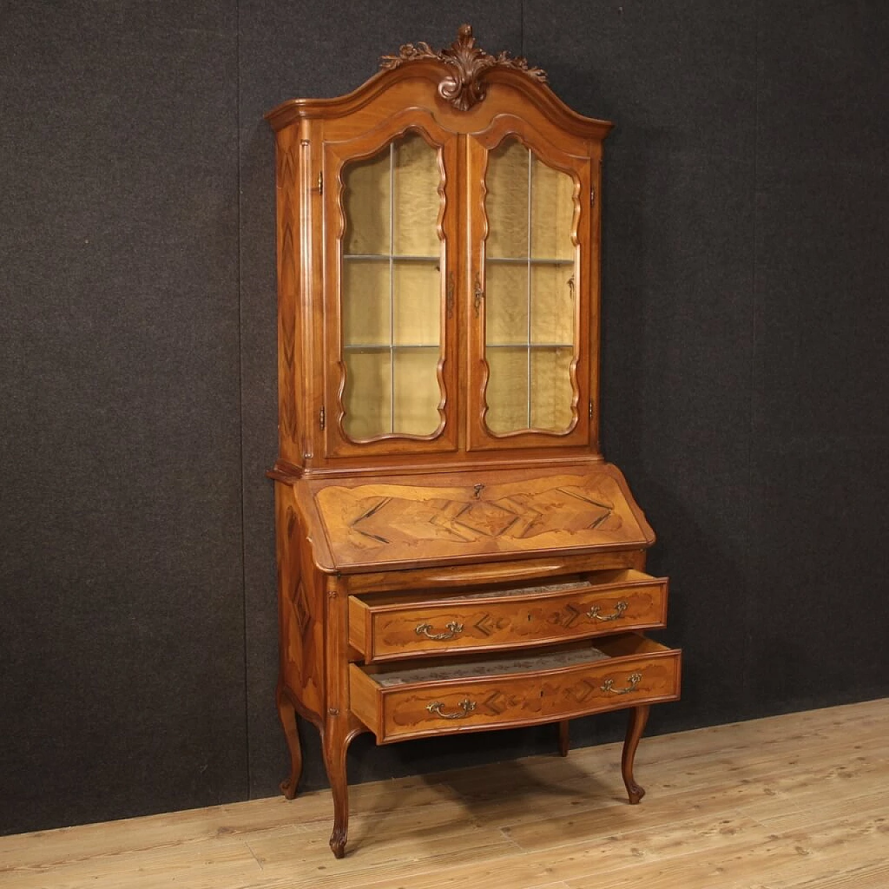 Double-bodied trumeau with display case and carved cimasa, 1960s 1367272