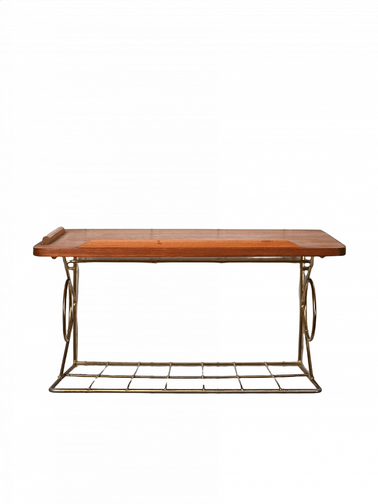 Comodino sospeso in teak con metallo dorato, anni '60 1368784