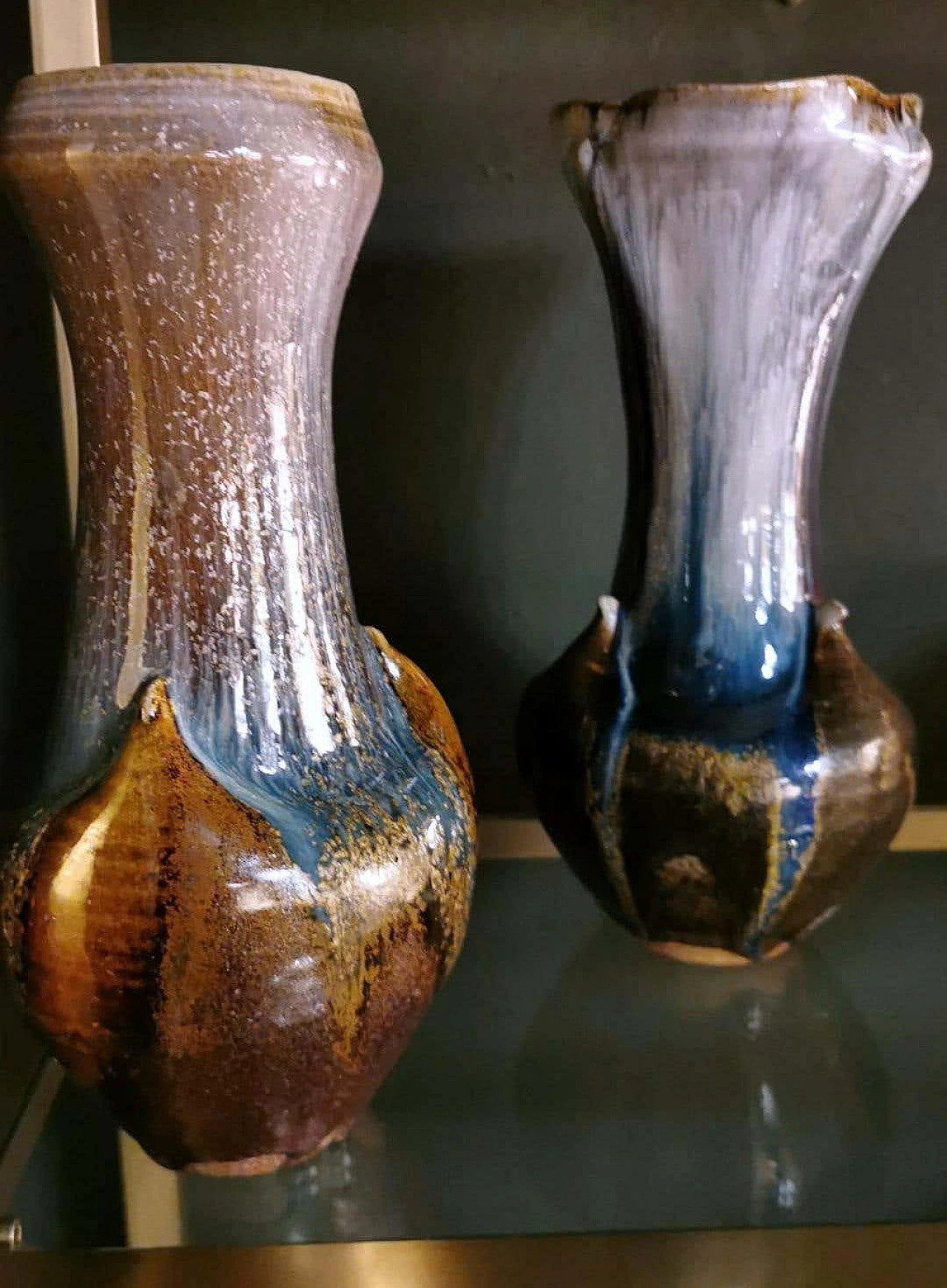 Pair of vases in colored porcelain stoneware, 70s 1369215