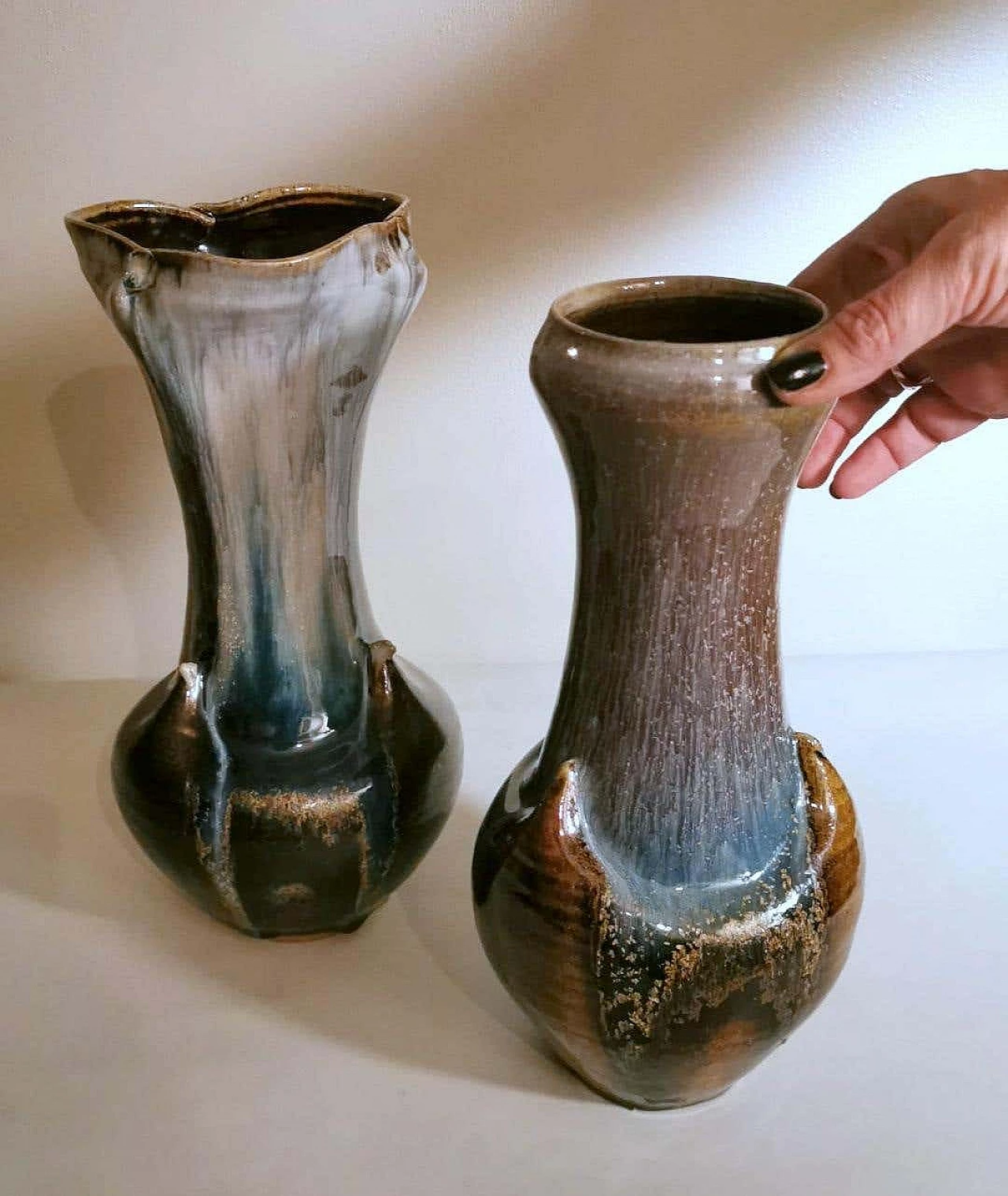 Pair of vases in colored porcelain stoneware, 70s 1369216