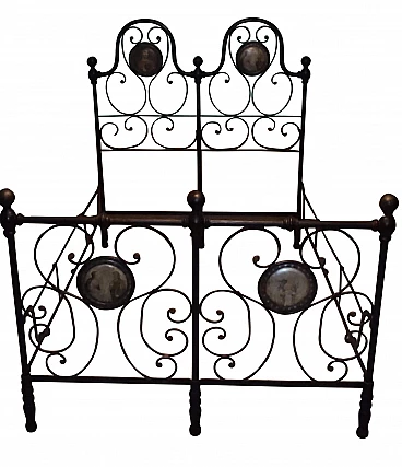 Wrought iron bed with hand-painted rosettes, mid-19th century