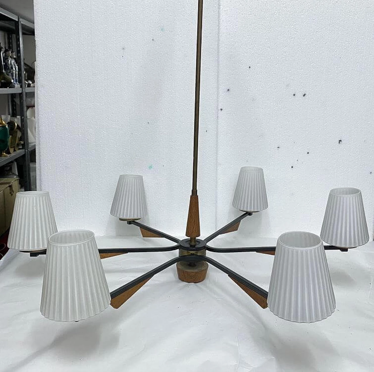 Lampadario in stile Stilnovo a 6 luci in teak, anni '60 1369635