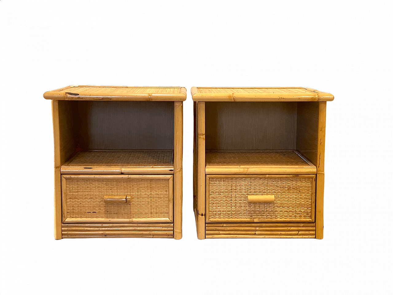 Pair of bedside tables in wicker and bamboo, 1970s 1369892