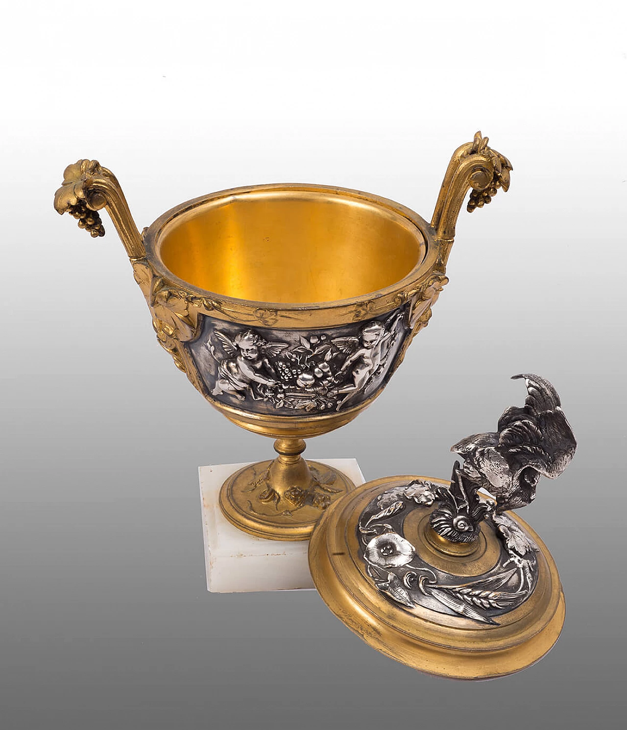 French gilt bronze and silver cup on alabaster base, 19th century 1370134