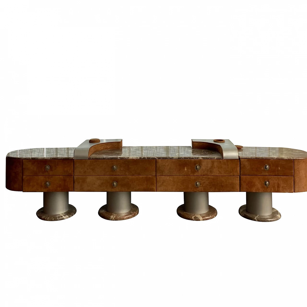 Comodini-toelette modulare in legno marmo e camoscio, anni '70 1370285