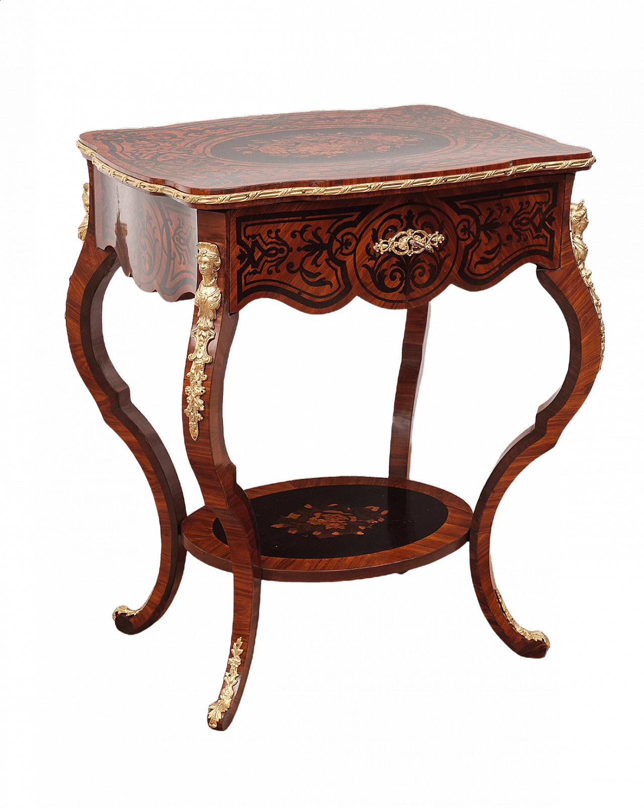 Tavolino da lavoro francese Napoleone III in legni esotici pregiati, '800 1370369