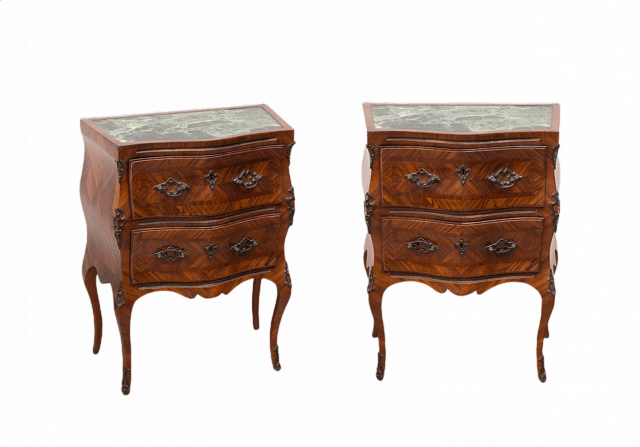 Pair of Sicilian bedside tables in precious woods with marble top, early 20th century 1370371