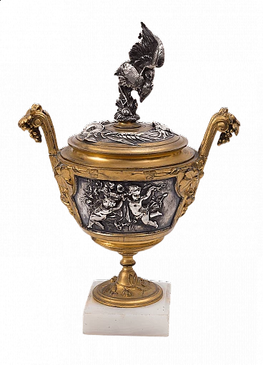 Coppa francese in bronzo dorato e argento su base di alabastro, '800