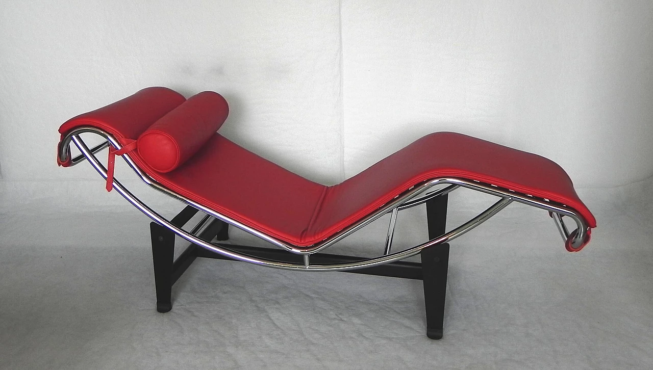 Chaise longue in chromed metal and red leather, 1990s 1370502