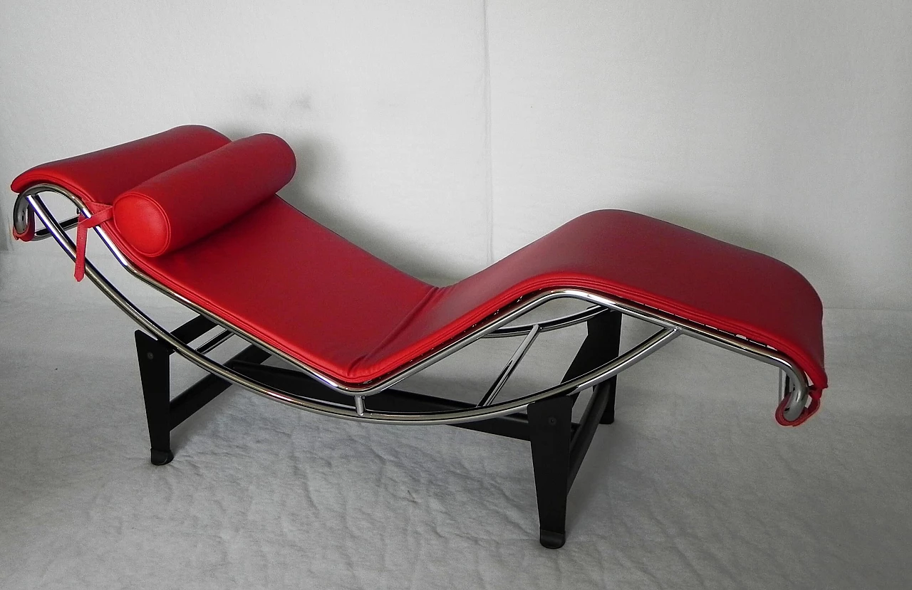 Chaise longue in chromed metal and red leather, 1990s 1370503