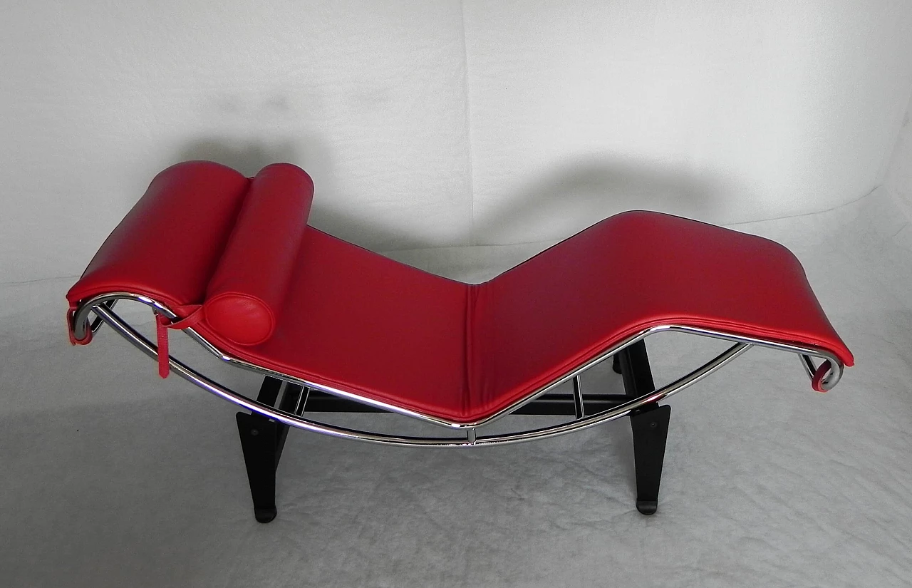 Chaise longue in chromed metal and red leather, 1990s 1370504