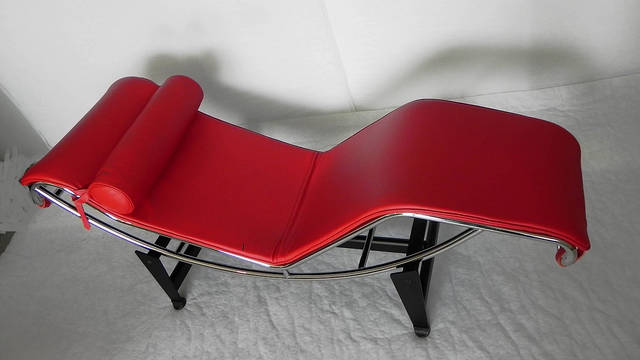 Chaise longue in chromed metal and red leather, 1990s 1370506