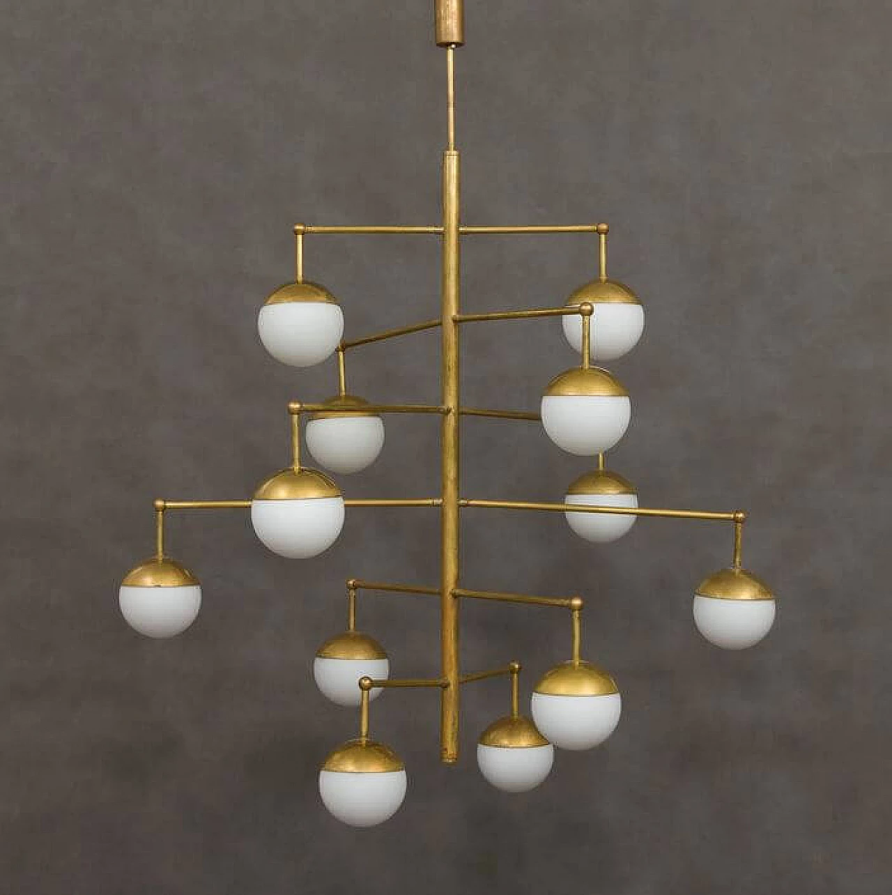 Brass chandelier with 12 opaline glass shades, 1970s 1370545