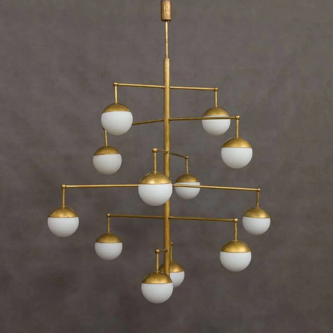 Brass chandelier with 12 opaline glass shades, 1970s 1370546