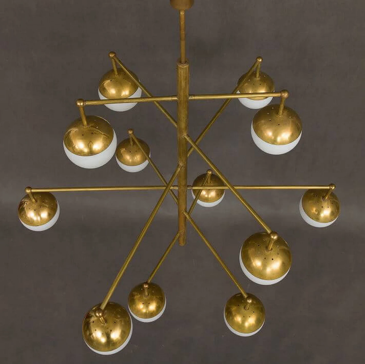 Brass chandelier with 12 opaline glass shades, 1970s 1370552