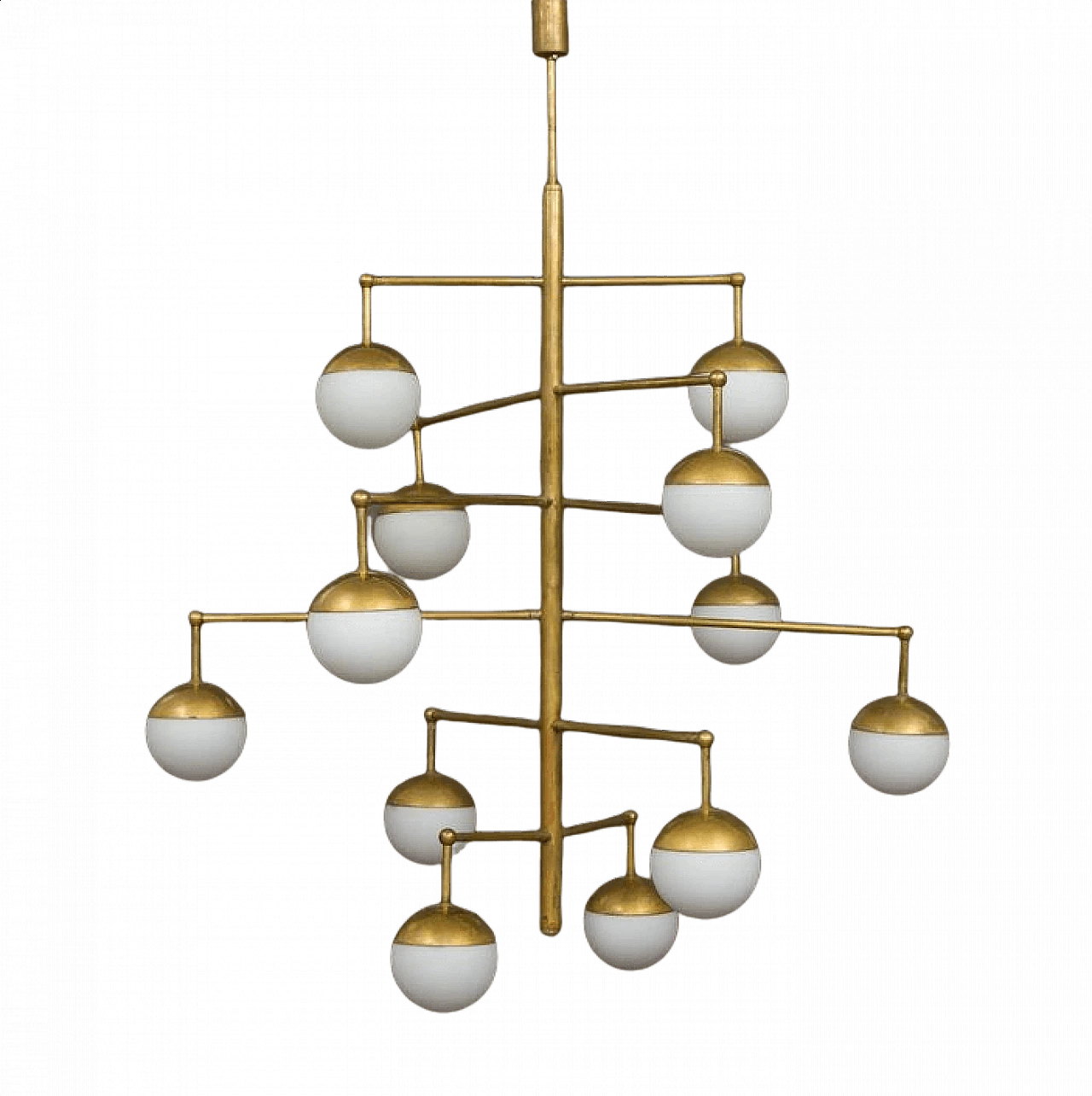 Brass chandelier with 12 opaline glass shades, 1970s 1370654