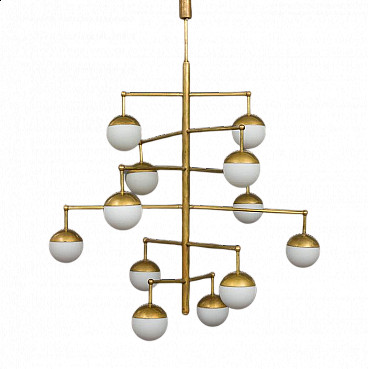 Brass chandelier with 12 opaline glass shades, 1970s