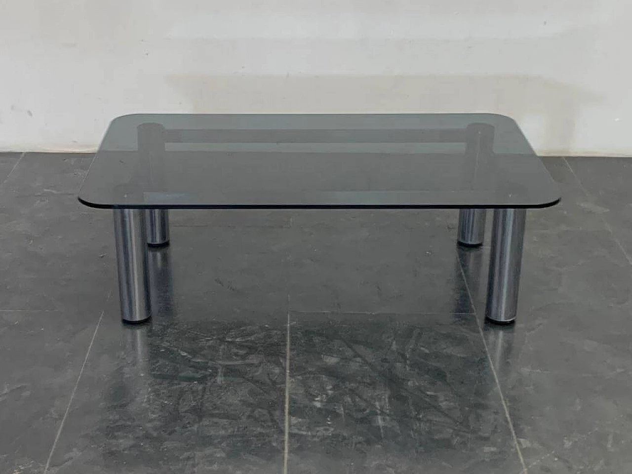 Coffee table in steel with thick smoked crystal top, 1970s 1370773