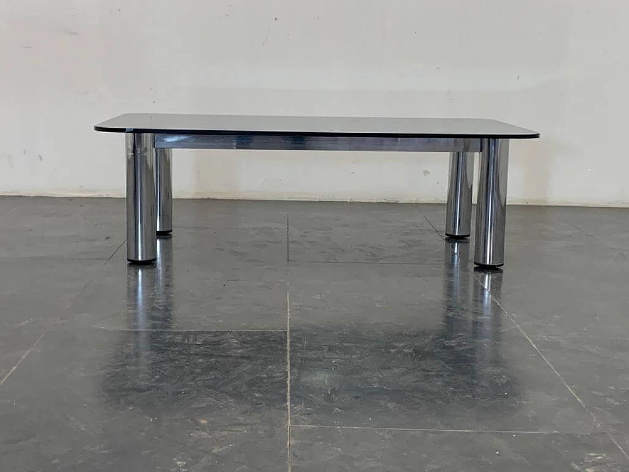 Coffee table in steel with thick smoked crystal top, 1970s 1370774