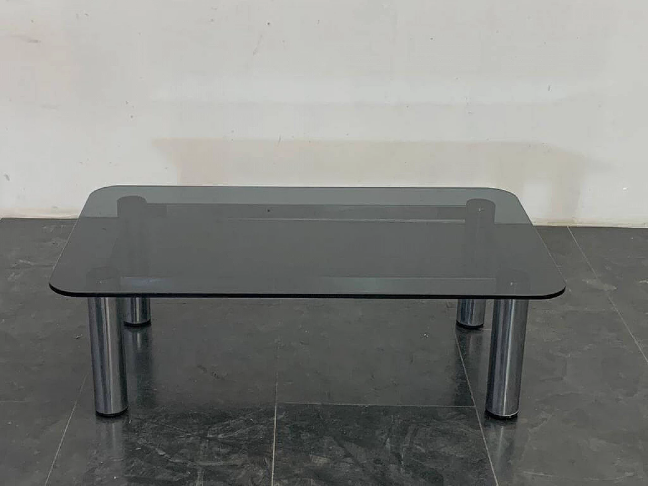 Coffee table in steel with thick smoked crystal top, 1970s 1370776