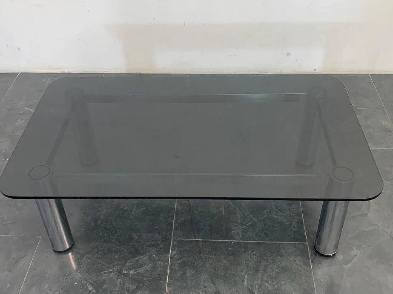 Coffee table in steel with thick smoked crystal top, 1970s 1370778