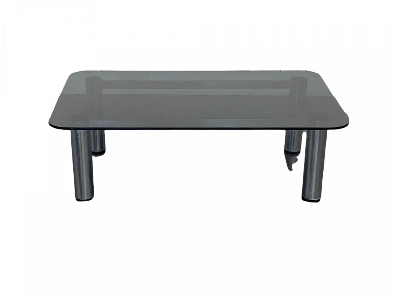 Tavolino in acciaio con piano spesso in cristallo fumè, anni '70 1370847