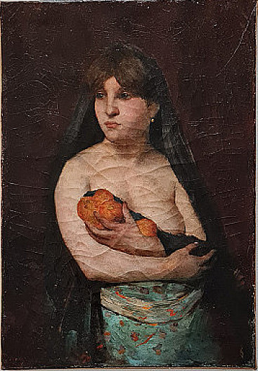 Girl with oranges, French oil painting, 19th century