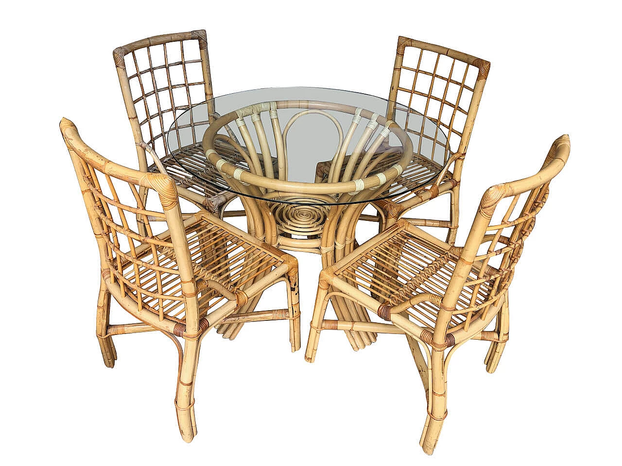 Tavolo in vetro e bambù con 4 sedie in stile Bonacina, anni '60 1370960