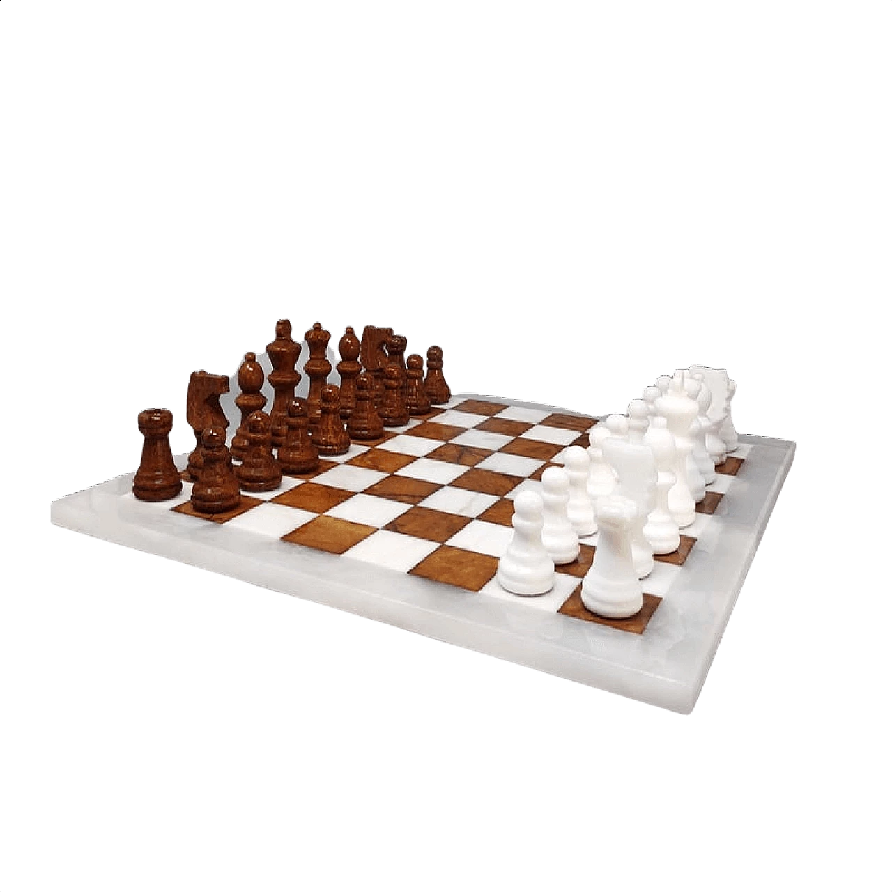 White and brown chess set in alabaster of Volterra, 70s 1371121