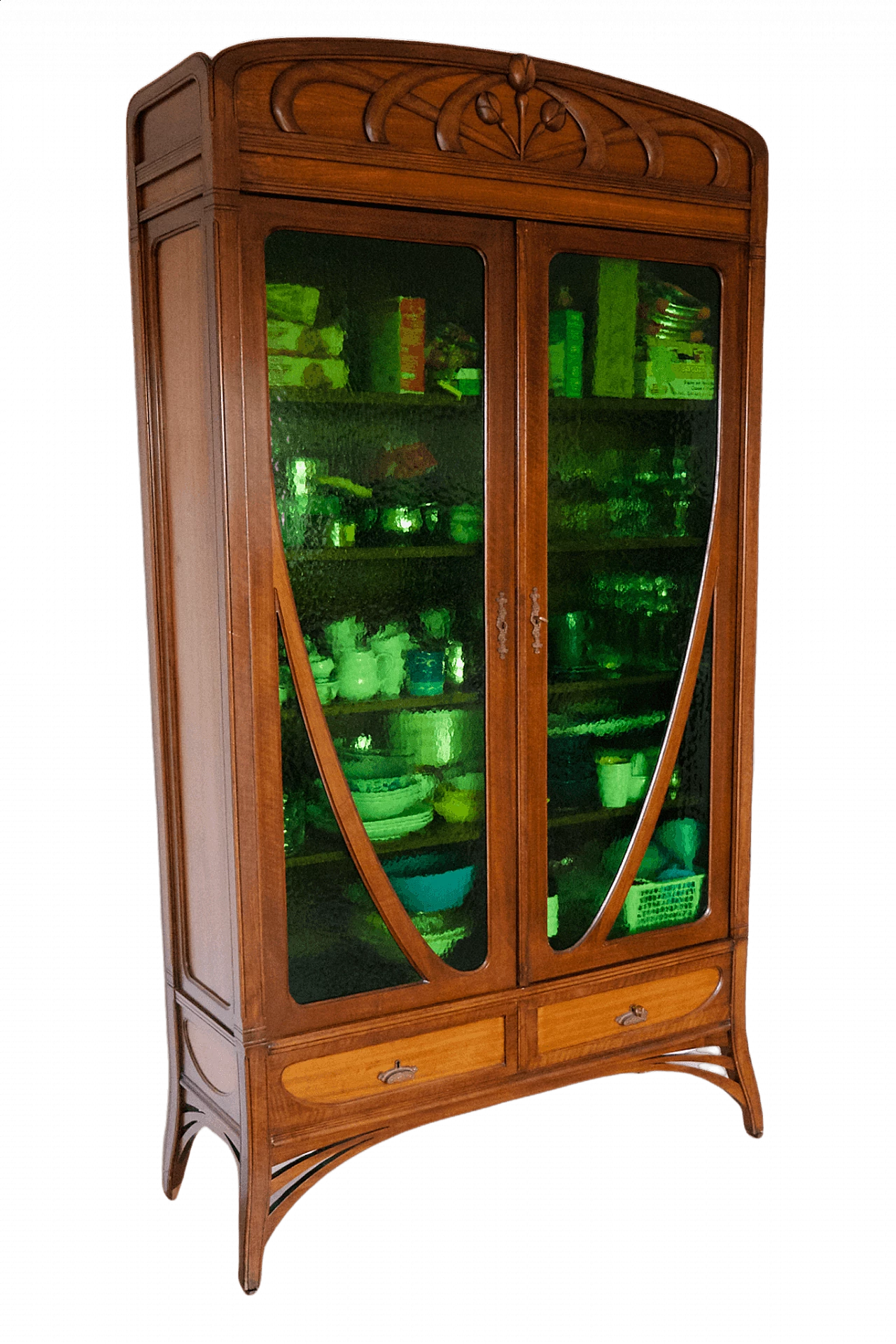 Vetrina Liberty in ciliegio con vetro verde, anni '20 1371122
