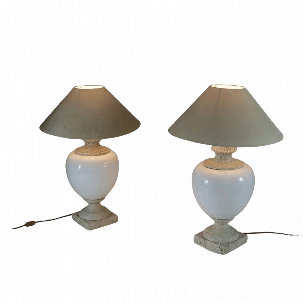 Coppia di lampade da tavolo in ceramica e travertino, anni '50 1371231