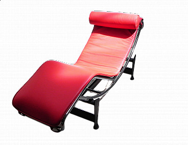 Chaise longue in chromed metal and red leather, 1990s