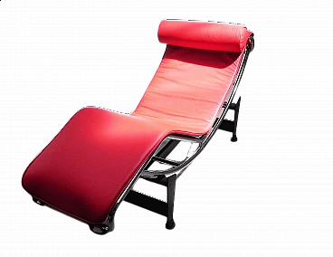 Chaise longue in metallo cromato e pelle rossa, anni '90