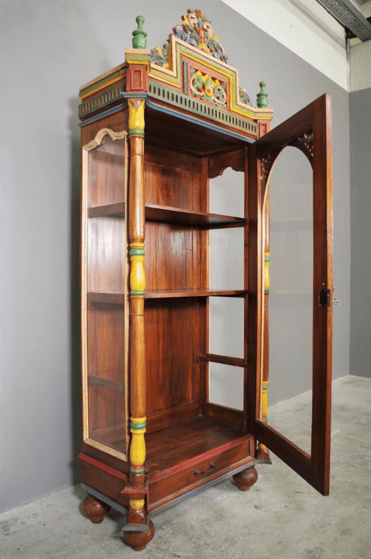 Hand-carved wooden display cabinet with door, 1970s 1372629