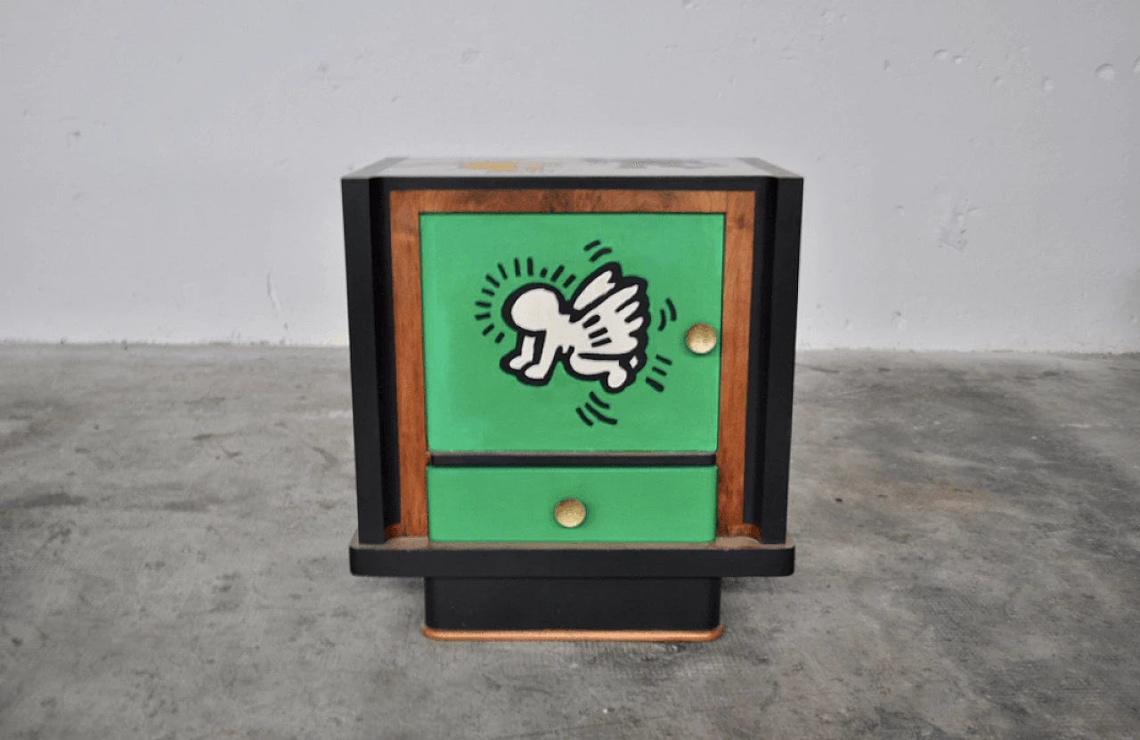 Pair of walnut bedside tables painted with Keith Haring motifs, 1980s 1372669