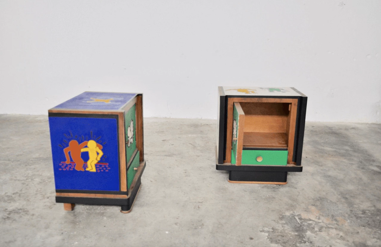 Pair of walnut bedside tables painted with Keith Haring motifs, 1980s 1372671