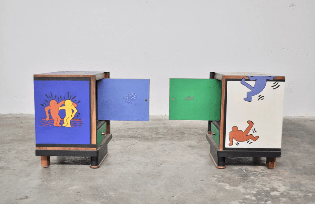 Pair of walnut bedside tables painted with Keith Haring motifs, 1980s 1372672